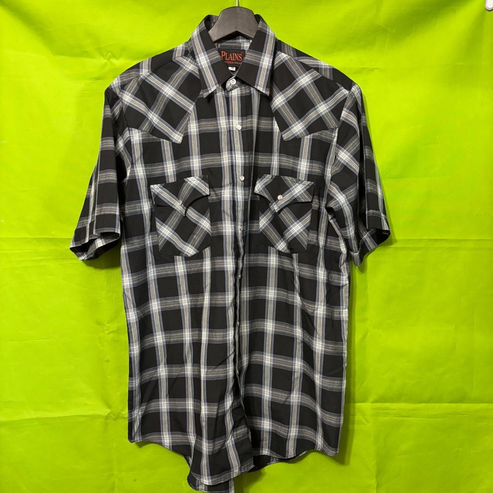 Plains Western Wear Mens Medium Black Blue Plaid Short Sleeve Pearl Snap Shirt
